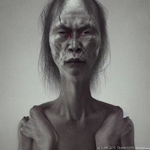 Prompt: by beksinski, by diane arbus, head portrait of yokai!!!!, facing camera, photorealistic, highly detailed, haunting, occult!, elegant, extremely detailed, intricate, dramatic lighting, haunting atmosphere, octane render!!!, 8 k,