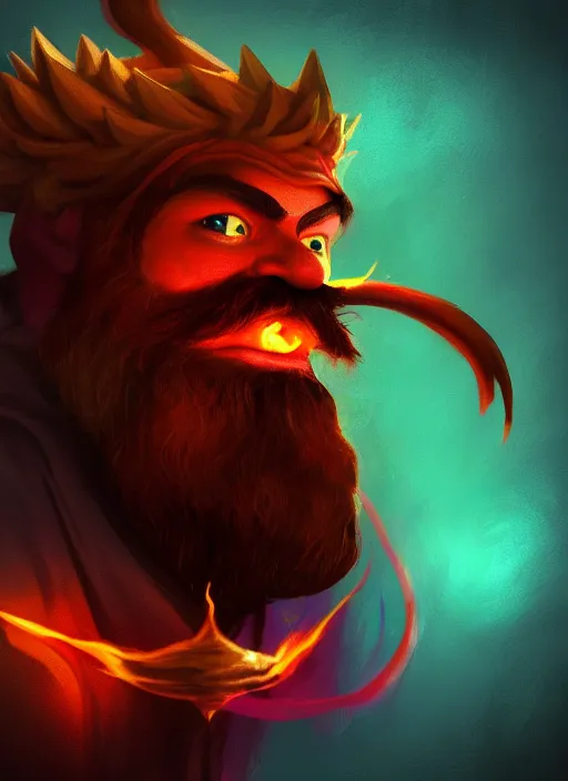 Prompt: grumpy fire mage casting fire spell, red beard, whimsical, in the style of justin sweet, greg rutkovski and craola, macro lens, shallow depth of field, highly detailed, digital painting, trending artstation, concept art, illustration, cinematic lighting, vibrant colors, photorealism, epic, octane render, magic the gathering artwork, centered