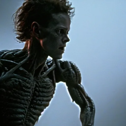 Image similar to muscular soldier with rock - like skin texture, still from the movie aliens, fog, dramatic lighting