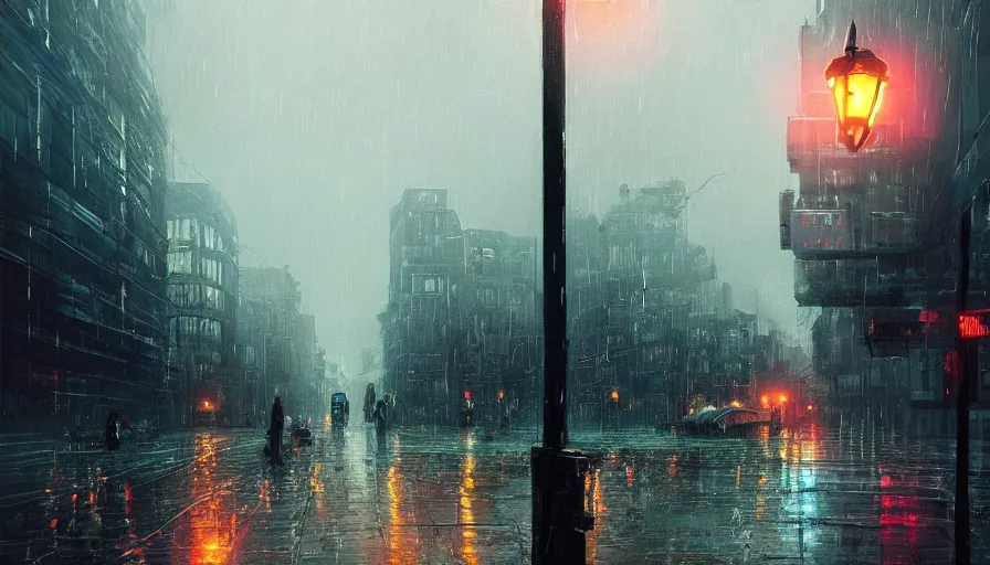 Image similar to A digital painting of a close-up view of a raining cyberpunk street, some street lights and padestrians, by Ismail Inceoglu and Caspar David Friedrich, stunning, photorealistic, highly-detailed, 4k, ue5, light effect, rtx on, realistic, cinematic, IMAX quality, trending on artstation