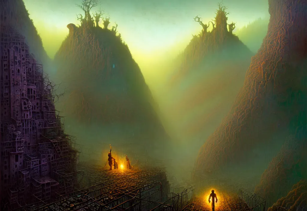 Prompt: Freakish or grotesque jorney through the valley of despair ,dystopia city , rage against the machine,james gurney,dan luvisi,Petros Afshar,tim hildebrandt,liam wong,thomas kinkade,ernst haeckel,dan mumford,trending on artstation, WLOP ,cgsociety by Gediminas Pranckevicius