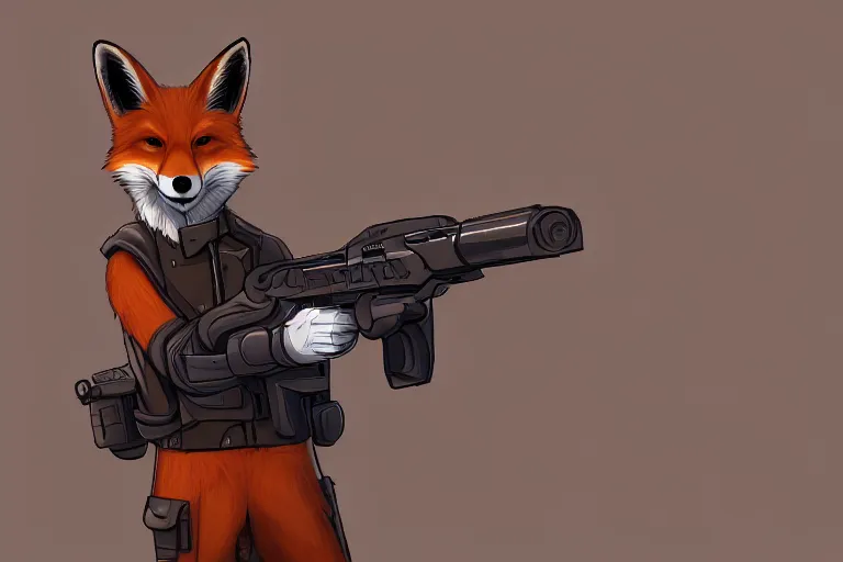 Image similar to a very handsome anthropomorphic fox, aiming a handgun at the camera, furry art, trending on furaffinity, highly detailed, 4 k