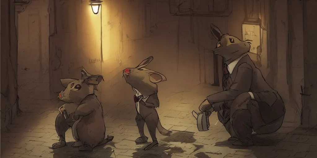 Prompt: rabbit wearing a tie is talking to a well dressed raccoon in a dark alley, warm color palette, night time, dramatic lighting, noir film, character sheet, fine details, high contrast, blacksad, kim jung gi, greg rutkowski, trending on artstation, 8 k, front view, back view, ultra wide angle