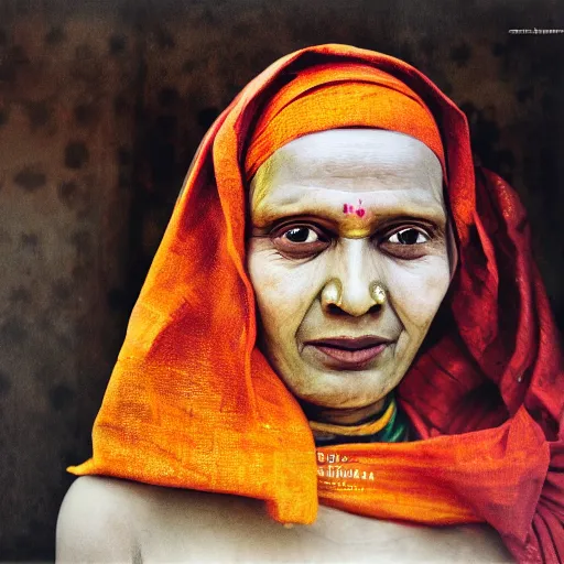 Image similar to realistic expired fuji film portrait of happy albino india hijra woman mix, marigold celestial vibe, hyperrealism, hypermaxiymalism, photorealistic, detailed, atmospheric, 8 k, award winning photography, cinematic