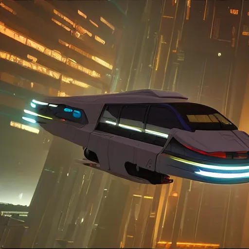 Prompt: cyberpunk alien concept of the a - team van flying trough the sky, futuristic look, highly detailed body, very powerful, photorealistic camera shot, crisp quality and light reflections, unreal engine 5 quality render