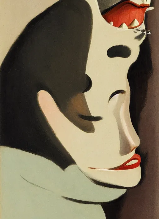 Prompt: portrait of a woman with cat face, metal teeth upsidedown by Edward Hopper and James Gilleard, highly detailed