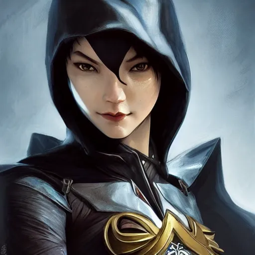 Prompt: Cassandra Cain (Batgirl) as an Assassin from Assassin's Creed, wearing a hood with pointy ears, no mask, portrait, highly detailed, digital painting, artstation, concept art, sharp focus, illustration, cinematic lighting, art by artgerm and greg rutkowski and alphonse mucha