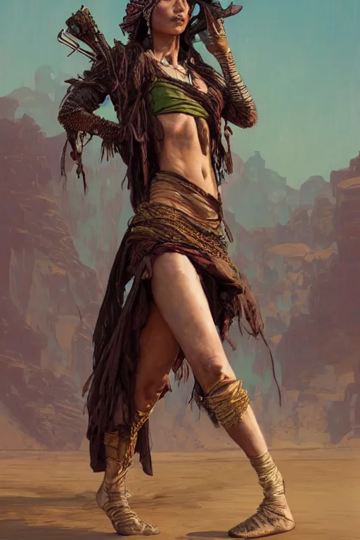 Prompt: a full body portrait of a beautiful post apocalyptic offworld desert bedouin thief savage rogue in beggars clothes in ballet pose by the emerald oasis pools, intricate, elegant, highly detailed, digital painting, artstation, concept art, smooth, sharp focus, illustration, art by krenz cushart and artem demura and alphonse mucha