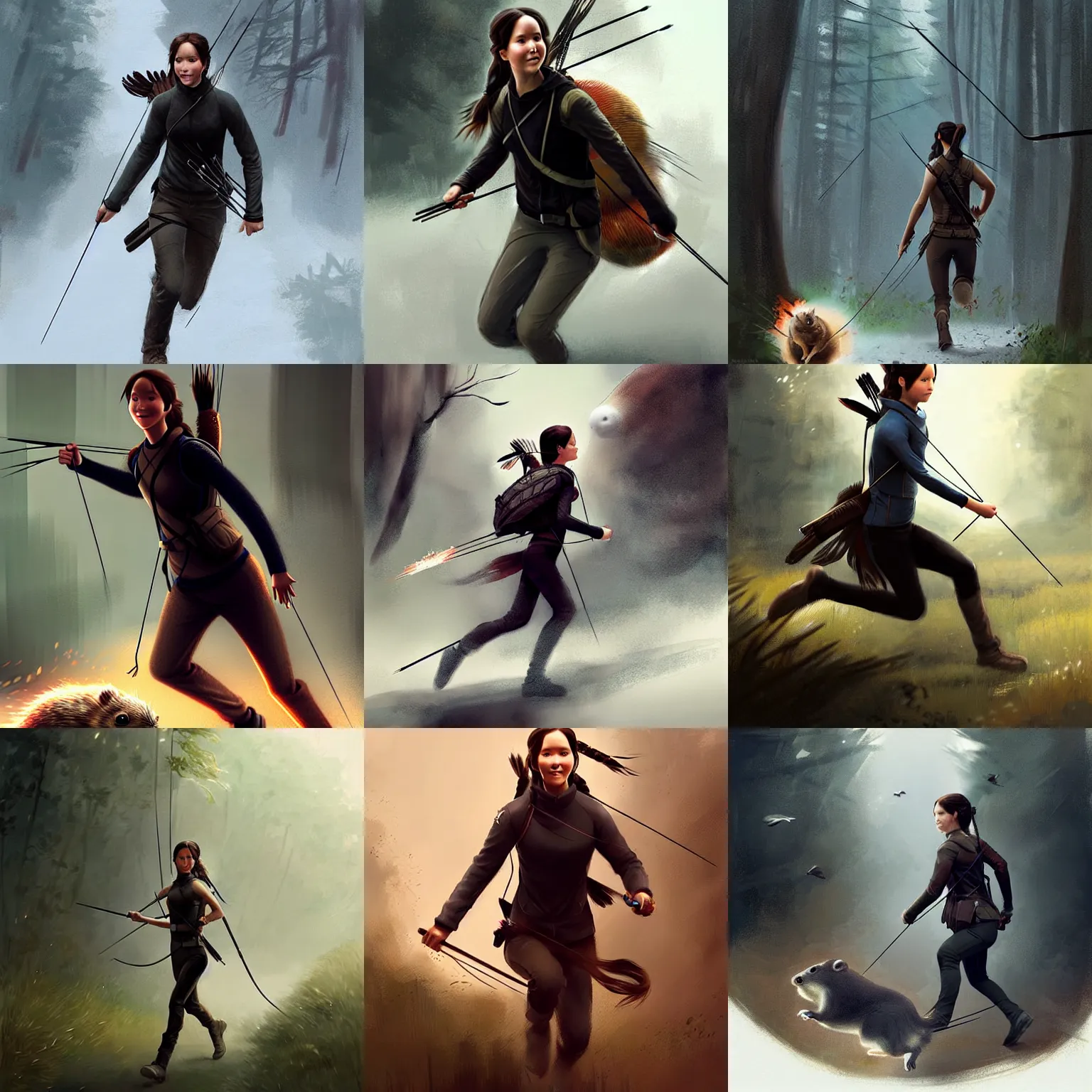 Prompt: katniss everdeen running away from a giant hamster, digital art by greg rutkowski