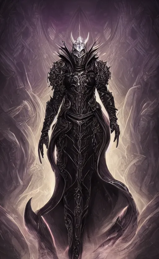 Image similar to character concept, beautiful warlock in armor, black hair, hooded cowl, intricate smooth patterns, cosmic armor, diablo splash art, cinematic lighting, hr giger style