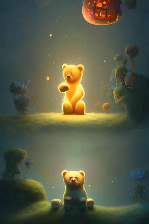 Image similar to a surreal Bioluminescent, very very very cute lost bear in a happy world by Daniel Merriam, Trending on Artstation, oil on Canvas by Elena Zhurikhina and Goro Fujita and Charlie Bowater, octane render, 4k, 8k, HD