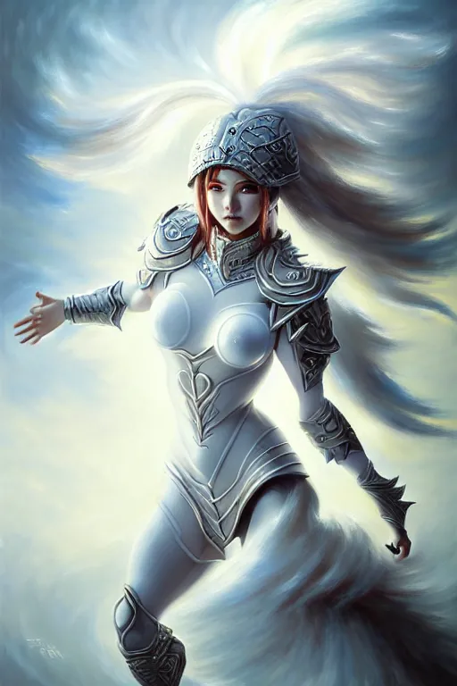 Image similar to oil painting, white, sakimi chan, jumping, fantasy armor, detailed face, tony sart, wind, lightning, dramatic lighting