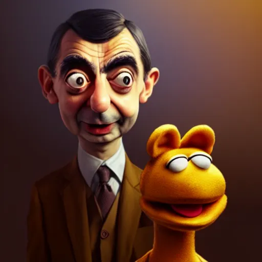 Image similar to mr. bean depicted as a muppet, atmospheric lighting, painted, unreal engine 5, highly detailed by charlie bowater