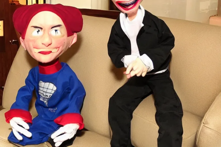 Prompt: Eminem as a ventriloquist doll, hyperrealistic