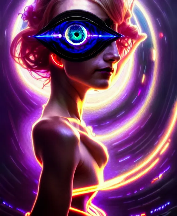 Image similar to a whirlwind of souls rushing inside the metaverse, half body, glowin eyes, tiara with sapphire, pharaoh, android, cyberpunk, d & d, fantasy, intricate, elegant, highly detailed, colorful, vivid color, digital painting, artstation, concept art, art by artgerm and greg rutkowski and alphonse mucha and ruan jia