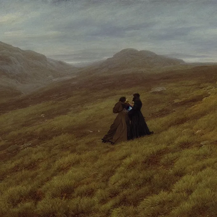 Image similar to adult dark - skinned man and woman kissing on the moorland, painting by caspar david friedrich