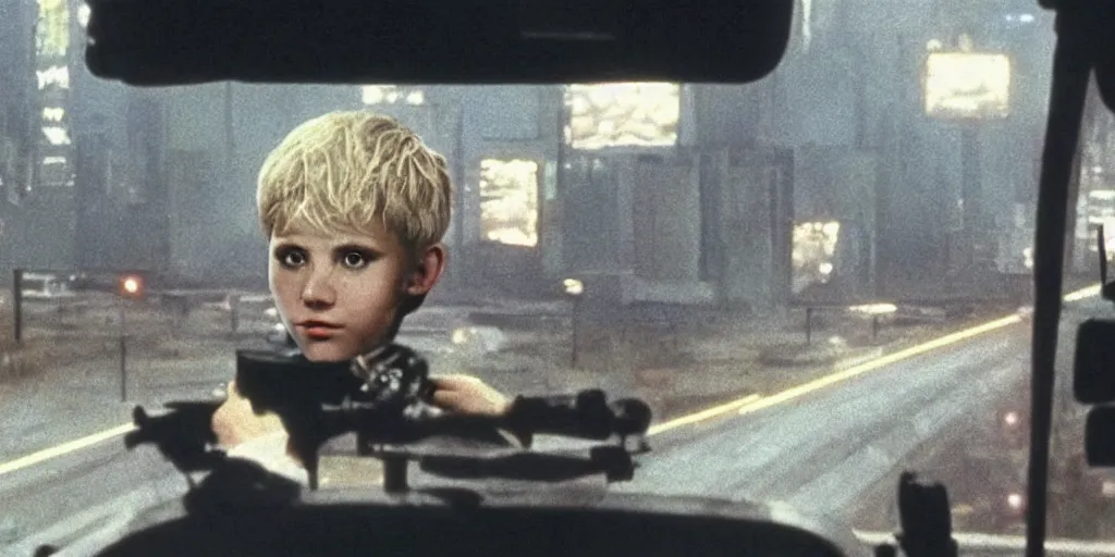 Image similar to at night, a white teenage girl with a pixie haircut in an oversized man's jacket clutches onto the back door of a giant truck as it drives towards the factory district : a still from a sci - fi dystopian cyberpunk film by steven spielberg from 1 9 8 0 s, shot on 3 5 mm film by janusz kaminski