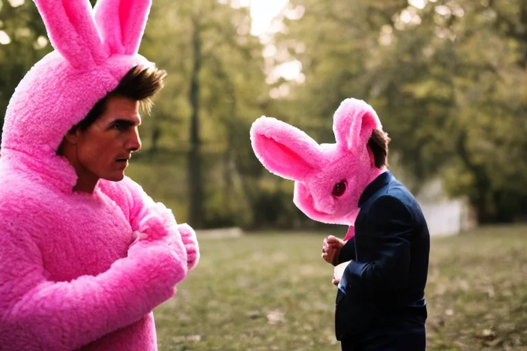 Image similar to Tom Cruise, wearing a pink rabbit costume, portrait photography, depth of field, bokeh