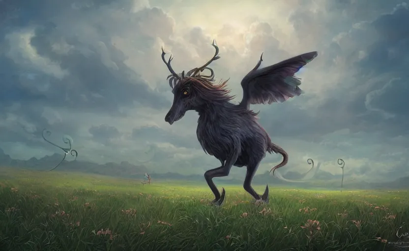 Image similar to a whimsical magical creature in a field, beautiful, cool dynamic lighting, atmospheric, cinematic, highly detailed digital art, painted by scott musgrove