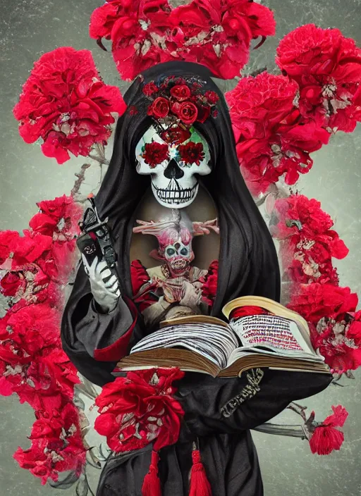 Image similar to mexican masterpiece of a skull faced Santa muerte with a book in her hand and surrounded by red flowers and ak45 as offers,+ no crop, visionary art, extremely high detail, realistic, octane render, post processed,