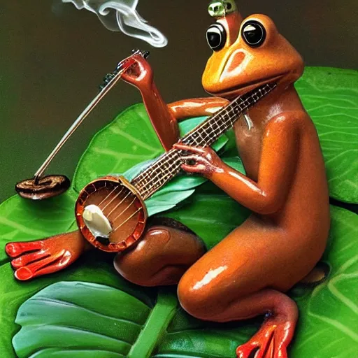 Prompt: humanoid frog sitting cross legged on a lilly pad playing a banjo and smoking a mushroom