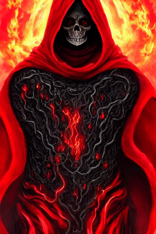 Image similar to A full body portrait of a mysterious character with a flaming skull with a very long hooded blood red and black cloak, tentacles coming out the ground art by Jason Chan and Shaddy Safadi, ominous, cosmic horror, trending on artstation, Ultra detailed, hyper realistic 4k