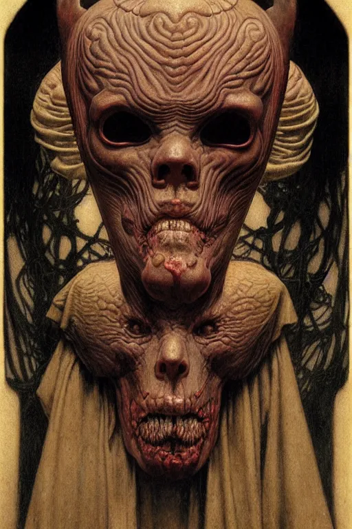 Image similar to funeral mask by wayne barlowe, gustav moreau, goward,  Gaston Bussiere and roberto ferri, santiago caruso, and austin osman spare, ((((occult art))))