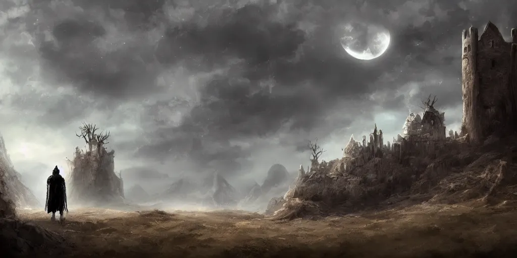 Prompt: old mage traveling a barren landscape towards a distant castle, dramatic moonlight, apocalyptic fantasy, mmo, digital art, 4 k