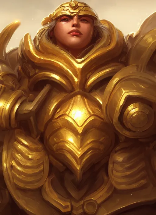 Image similar to a highly detailed illustration of gentle colossal golden greek mechanical giant, with cute doting eyes, intricate, elegant, highly detailed, centered, digital painting, artstation, concept art, smooth, sharp focus, league of legends concept art, wlop.