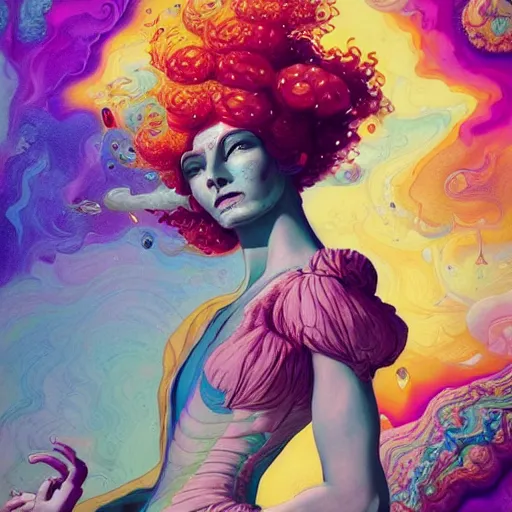 Prompt: woman having a beautiful psychedelic psychotic mental breakdown, mental pandemonium, intense colours, vibrant and vivid color, digital art, hyper detailed, opulent and exquisite, intricately detailed, bizarre, surrealism, peter mohrbacher, marc simonetti, jean giraud, victo ngai, rene magritte, 4 k, 8 k