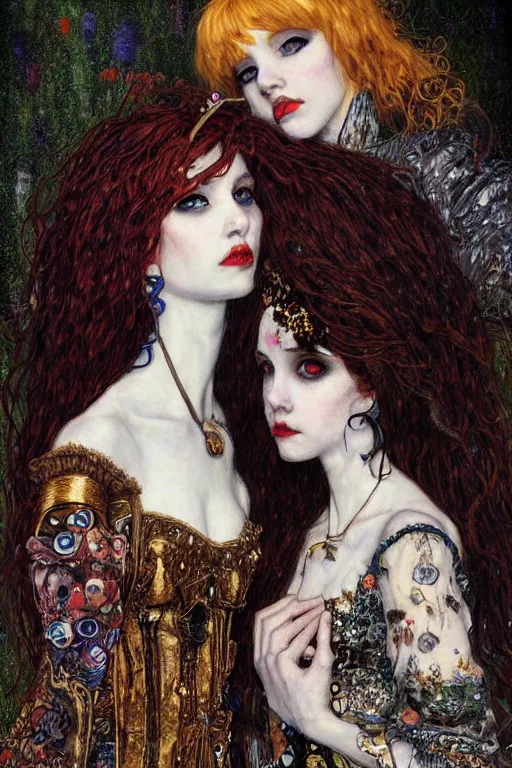 Image similar to portrait of two beautiful young gothic maidens kiss, dark fantasy, Warhammer, highly detailed, artstation, illustration, art by Gustav Klimt