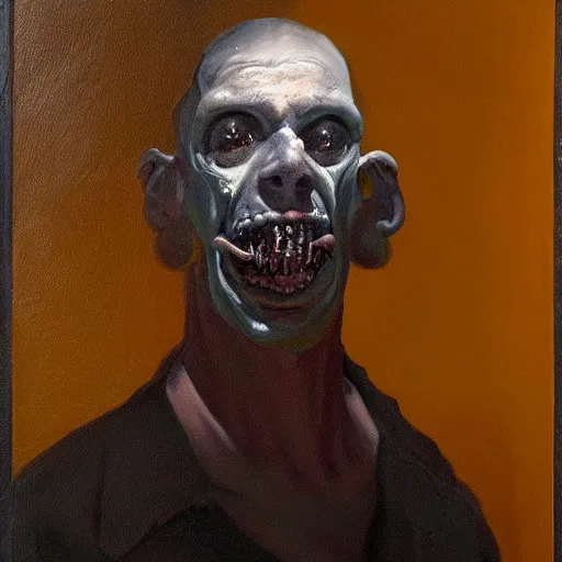 Image similar to oil painting by christian rex van minnen of a portrait of an extremely bizarre disturbing mutated man with intense chiaroscuro lighting perfect composition