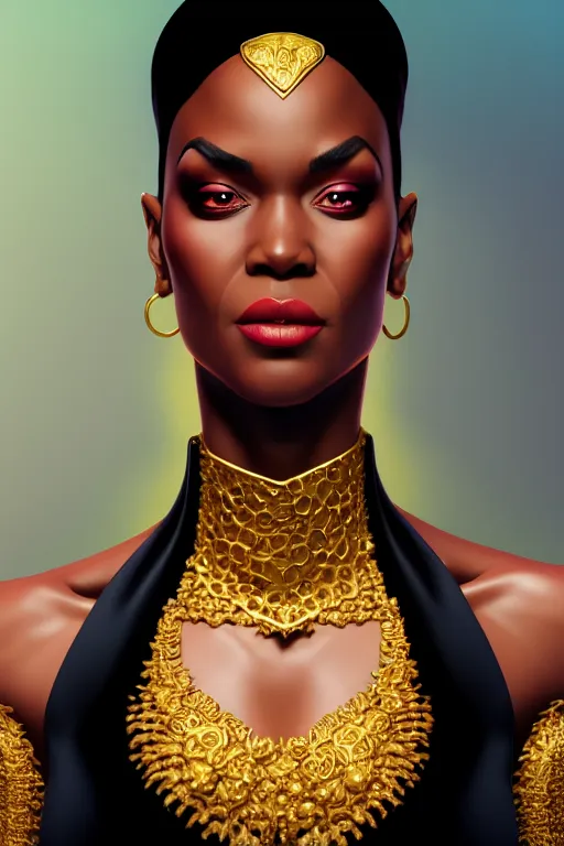 Image similar to portrait of black super woman, velvet gown,highly detailed and rendered gold jewelry, digital art, intricate, sharp focus, Trending on Artstation, HQ, unreal engine 5, 4K UHD image, by brom, artgerm, face by Otto Schmidt