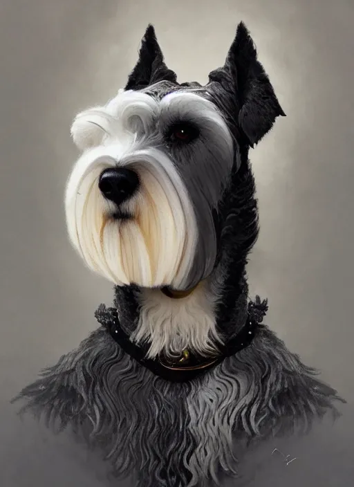 Prompt: portrait of stoic looking miniature schnauzer, black fir, white eyebrows, fantasy, intricate, elegant, highly detailed, centered, dark, smoke, digital painting, artstation, concept art, smooth, sharp focus, illustration, art by artgerm and greg rutkowski and alphonse mucha