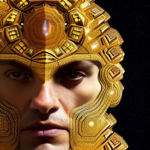 Prompt: halfturn portrait of a big crystal face, fully made of golden crystals, half - turn, bottom view, ominous, intricate, architectural, geometrical, art by anthony macbain + greg rutkowski + alphonse mucha, concept art, 4 k, sharp focus