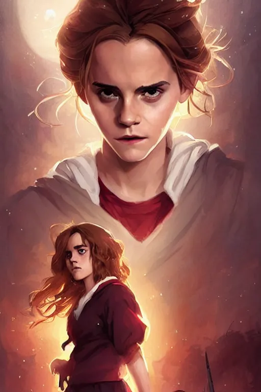 Image similar to Poster artwork, Emma Watson as Hermione Granger, wearing hogwarts robes, magnificent, medium close up, details, sharp focus, elegant, highly detailed, illustration, by Jordan Grimmer and greg rutkowski and PiNe(パイネ) and 薯子Imoko and 香川悠作 and wlop!!!! and maya takamura, intricate, beautiful, sunset!!!, Trending artstation, pixiv, digital Art