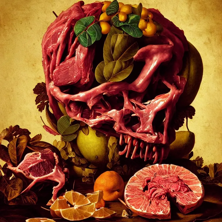 Prompt: still life of beautiful angel, human body parts, tropical fruit, human spine, rotten meat flesh with colorful mold, muscle tissue, spikes, baroque painting, beautiful detailed intricate insanely detailed octane render, 8K artistic photography, photorealistic, chiaroscuro, Raphael, Caravaggio