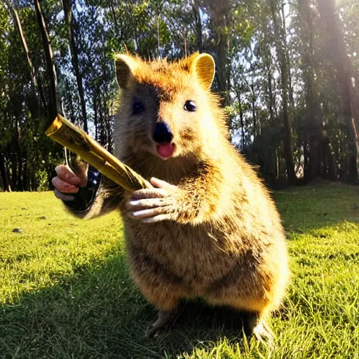 Image similar to happy quokka taking a selfie and smoking a big cannabis joint, golden hour, ultra realistic