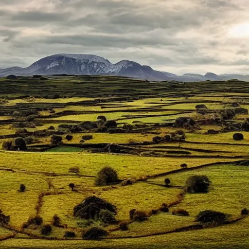 Prompt: beautiful landscape of Rohan with rural thatch roof villages scattered throughout the countryside, in the style of J.R.R Tolkien