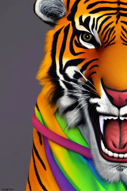 Image similar to Male anthropomorphic Furry Tiger as Police ,fullbody, Rainbow Background, 8k Photo Realistic