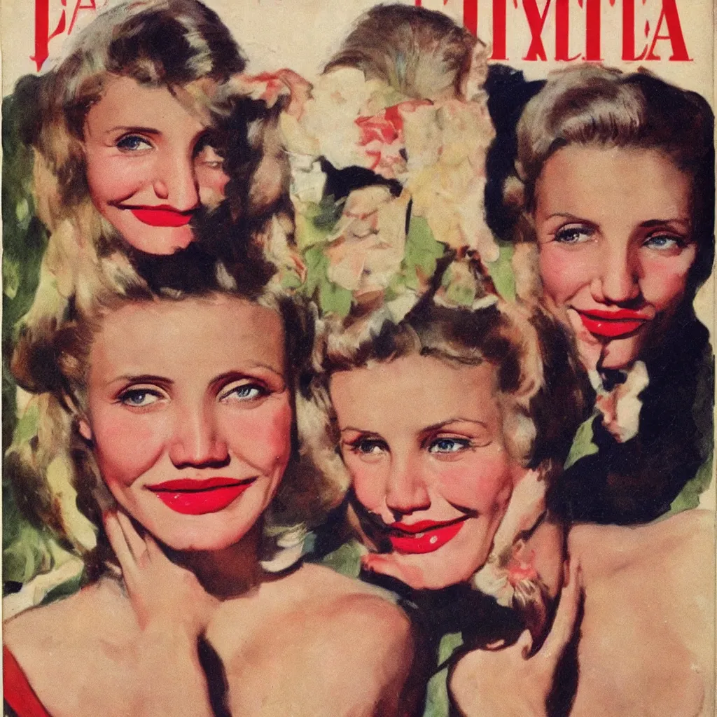 Image similar to Cameron Diaz portrait, color vintage magazine illustration 1950