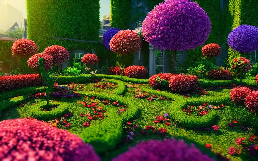 Image similar to a sprawling garden with many flowers and vines, sunny day, beautiful lighting, vivid colors!, highly detailed, cinematic, octane render, 4 k, trending on artstation, deviantart featured