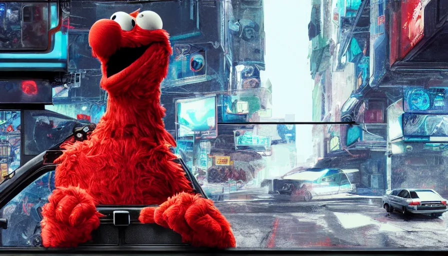 Image similar to elmo!! holding a machine gun leans out of the window of a driving car in cyberpunk, digital art, rendering, hyperrealistic, photorealism