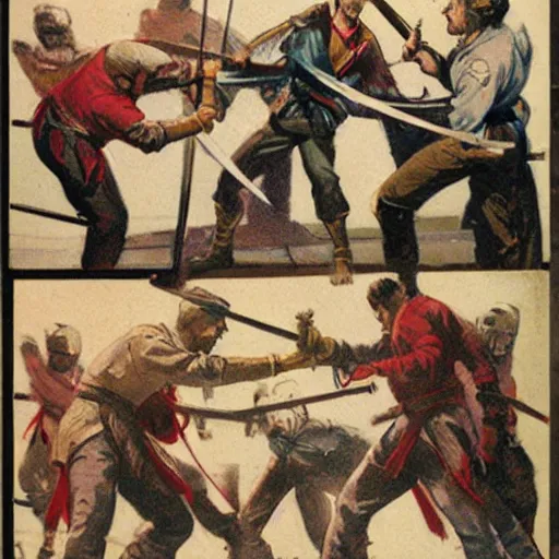 Image similar to vintage comic, greg rutkowski man with long sword fighting several martial artists at once