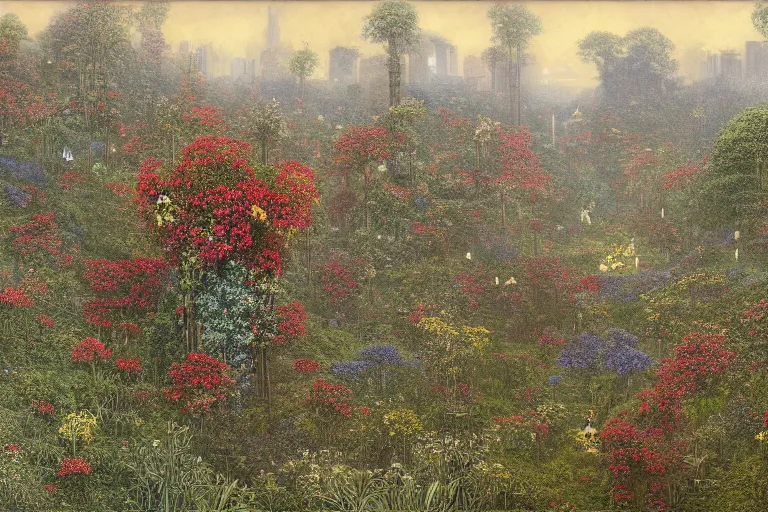 Prompt: planetary scale city now overgrown with flowers in the style of gustave dore, but with color