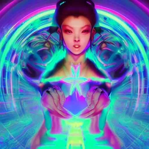 Prompt: long Shot of psychedelic Chun-Li standing in mysterious chromatic astral temple , stylish, lsd, soft, trending on artstation, cinematic, artwork by WLOP
