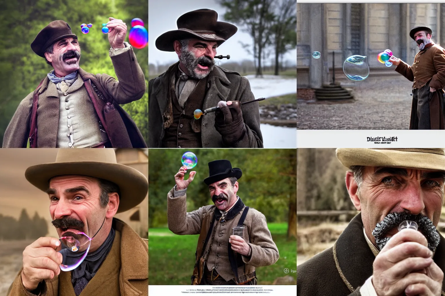 Prompt: daniel plainview laughing and blowing bubbles, highly detailed, 4 k photography, great quality,