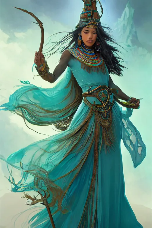 Prompt: beautiful wizard female with teal skin, full body shot, long hair made of seaweeds, egyptian clothing, with a wooden stuff, d & d, fantasy, intricate, elegant, highly detailed, digital painting, artstation, concept art, matte, sharp focus, illustration, hearthstone, art by artgerm and greg rutkowski and alphonse mucha