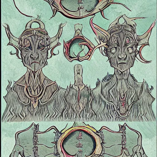 Image similar to art of symmetrical tiefling, in the style of moebius and studio ghibli and vincent van gogh