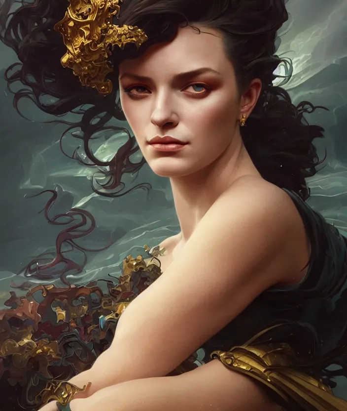 Image similar to excellent painted portrait of the queen of storms, high quality masterpiece painting with detailed face, 4k, trending on artstation, octane render, art by artgerm and greg rutkowski and alphonse mucha and craig mullins and James Jean and Andrei Riabovitchev and Marc Simonetti and peter mohrbacher
